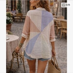 Free People Rainbow Rays Pastel Pinwheel Button-Up Blouse - Pink, Blue, Cream